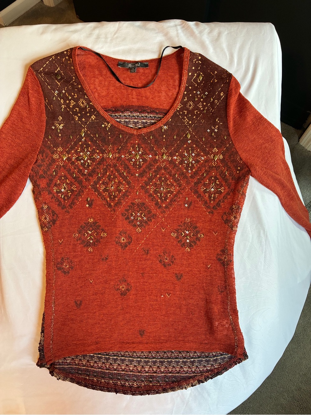 Miss Me Burnt Orange and Brown Geometric V-Neck Sweater Top